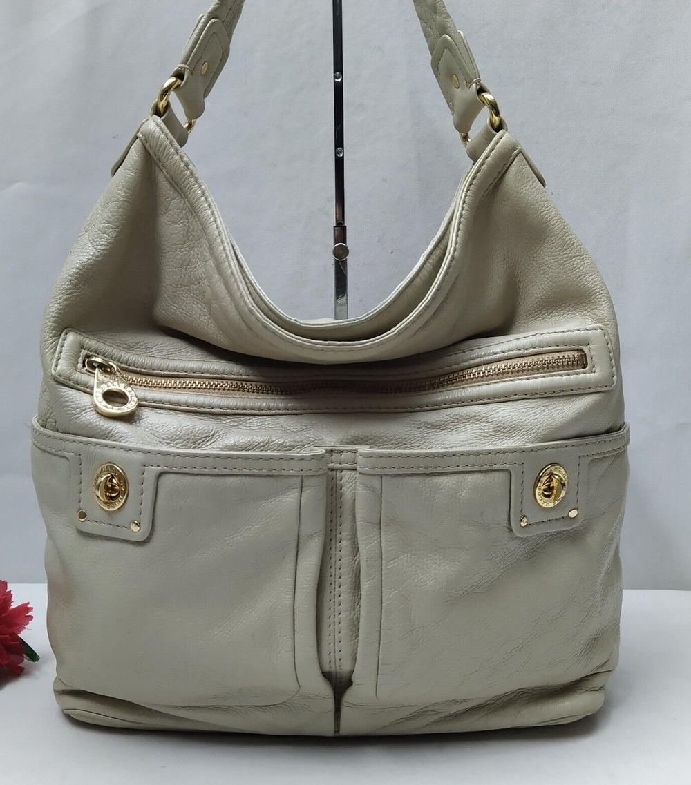 Marc By Marc Jacobs Off-White Leather Turnlock Pockets Zipper Hobo Shoulder Bag